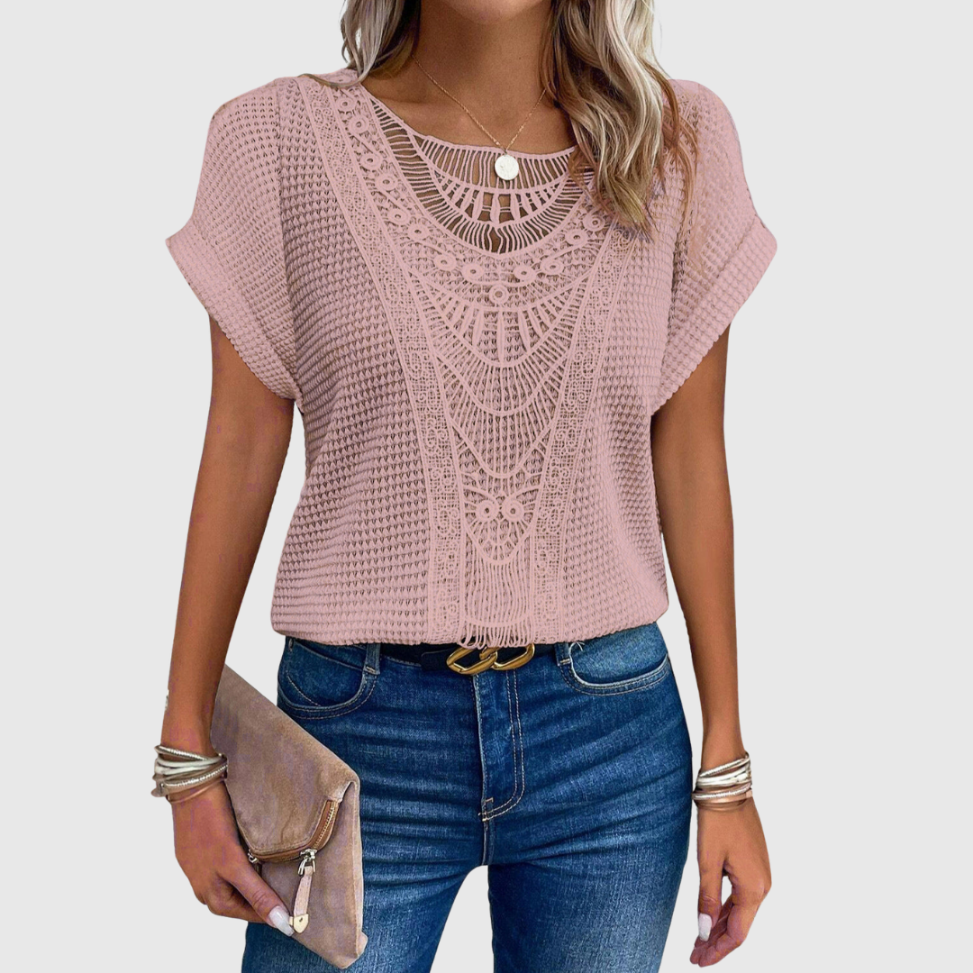 Lucinda lace short sleeve top in pink, front view