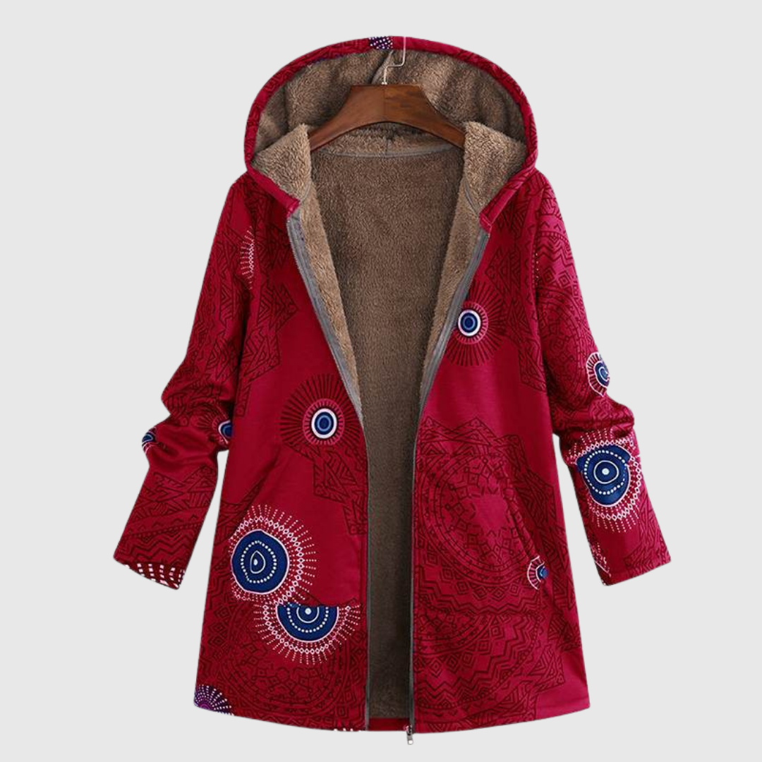 Willow warm hooded jacket in red geometric print, front view