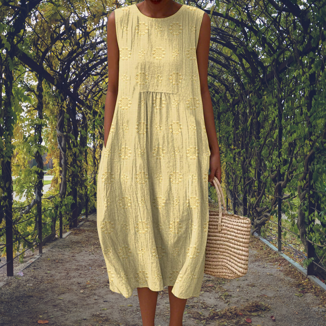 Aikaterini sleeveless midi dress in light yellow, full-length front view
