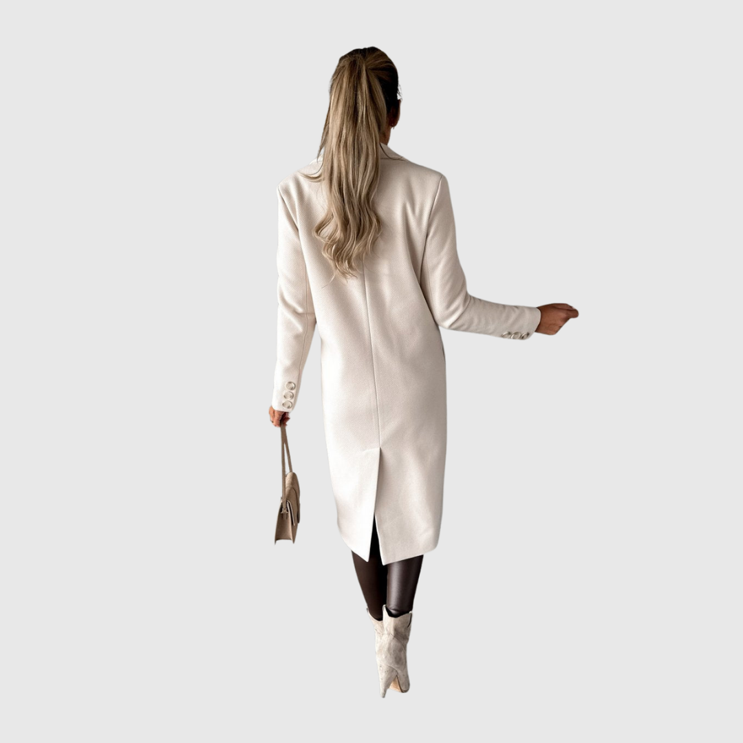 Aveline winter coat in beige, back view showing hem vent