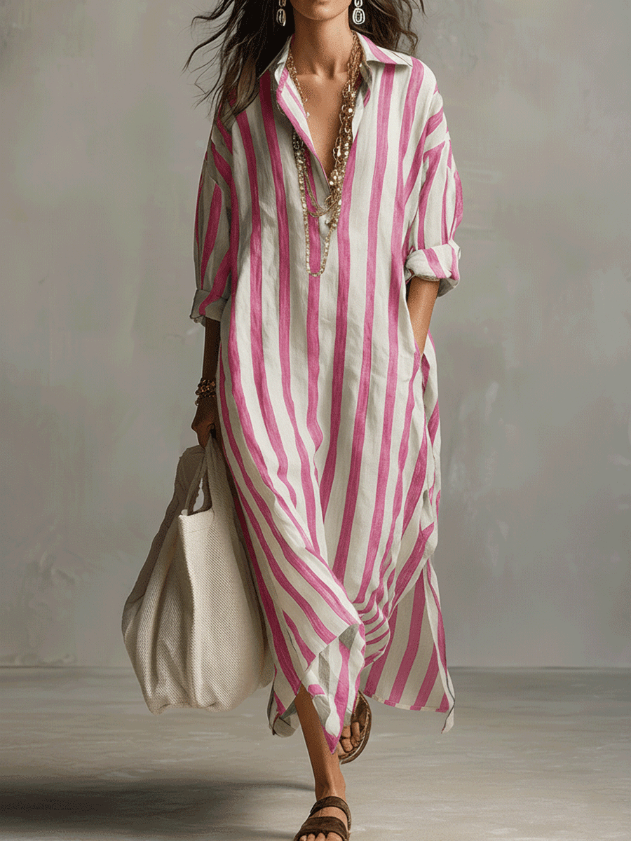 Striped shirt maxi dress in pink, full-length front view