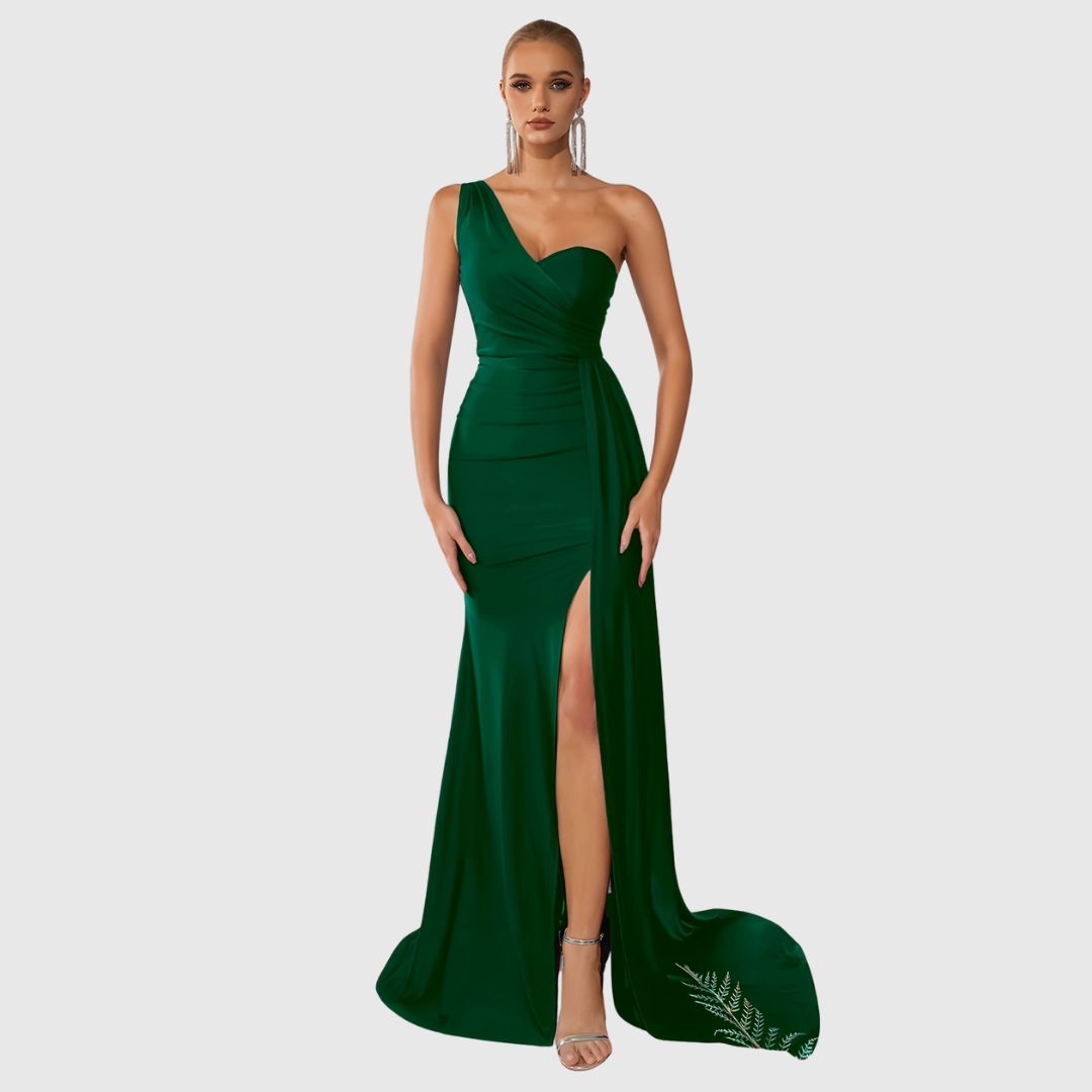 Selvyna one-shoulder mermaid gown in dark green with train, front view