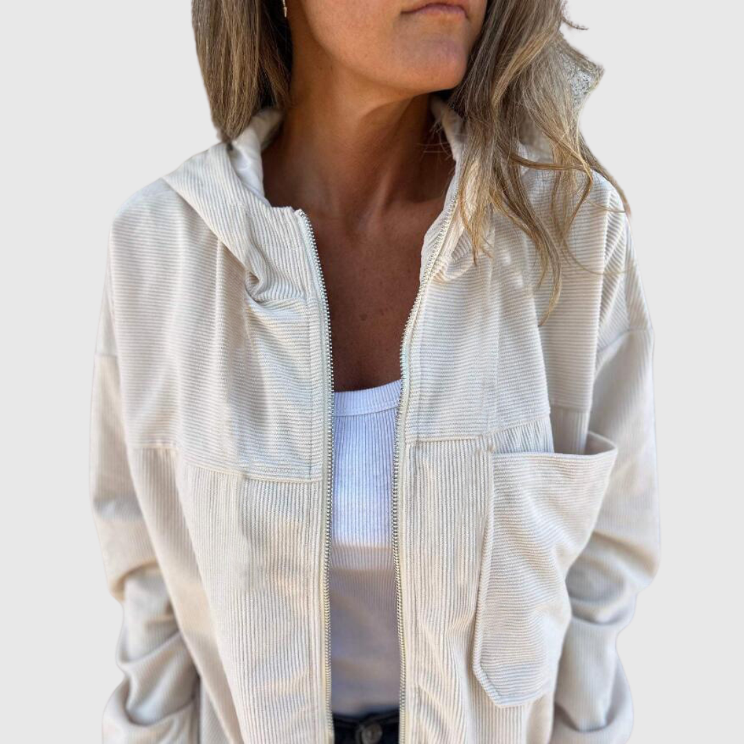 Elviana hooded jacket in white, close-up of zip and chest pocket