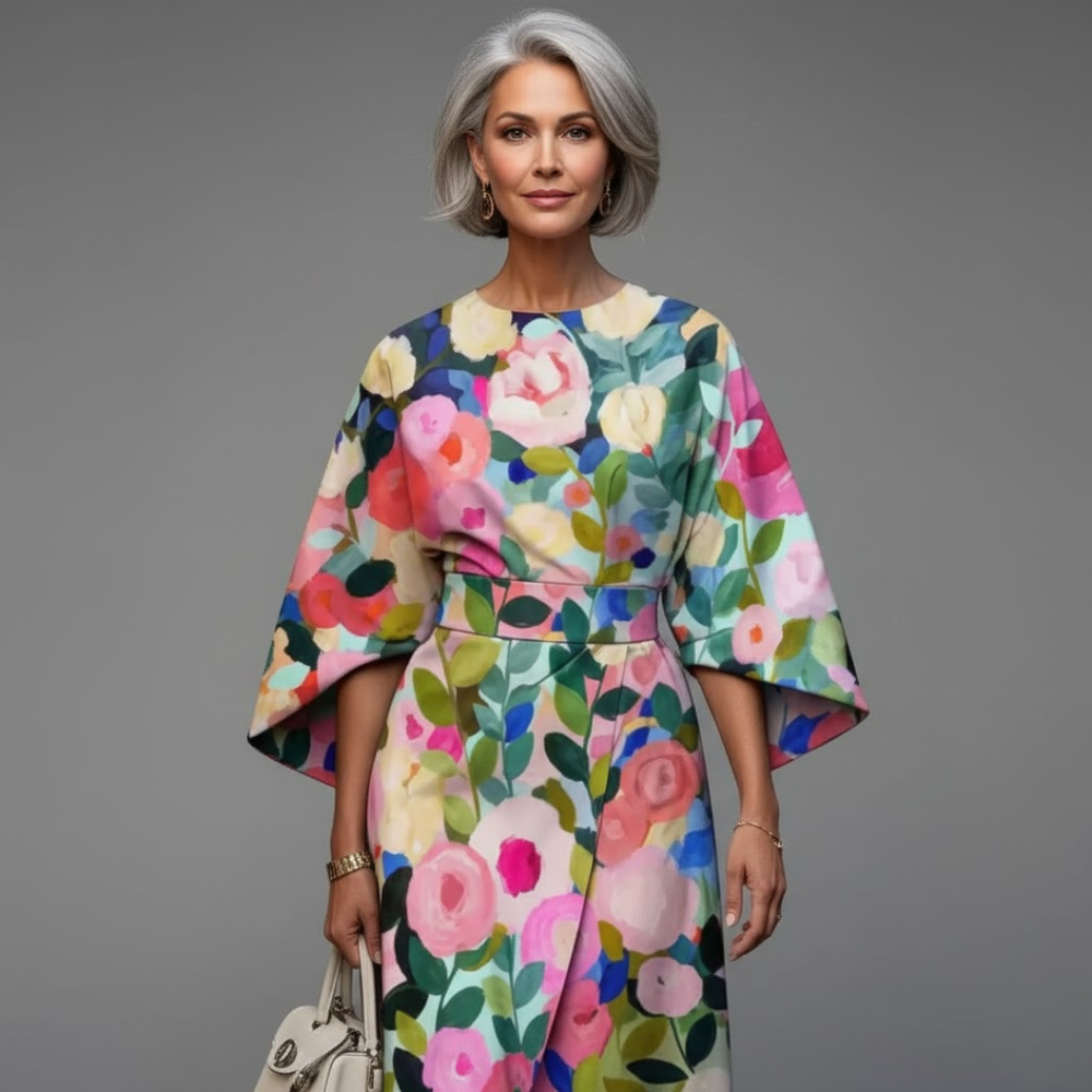 Edrica elegant floral dress in colourful print, front view with kimono sleeves