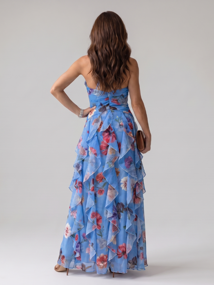 Nori floral maxi dress in blue, back view with layered skirt