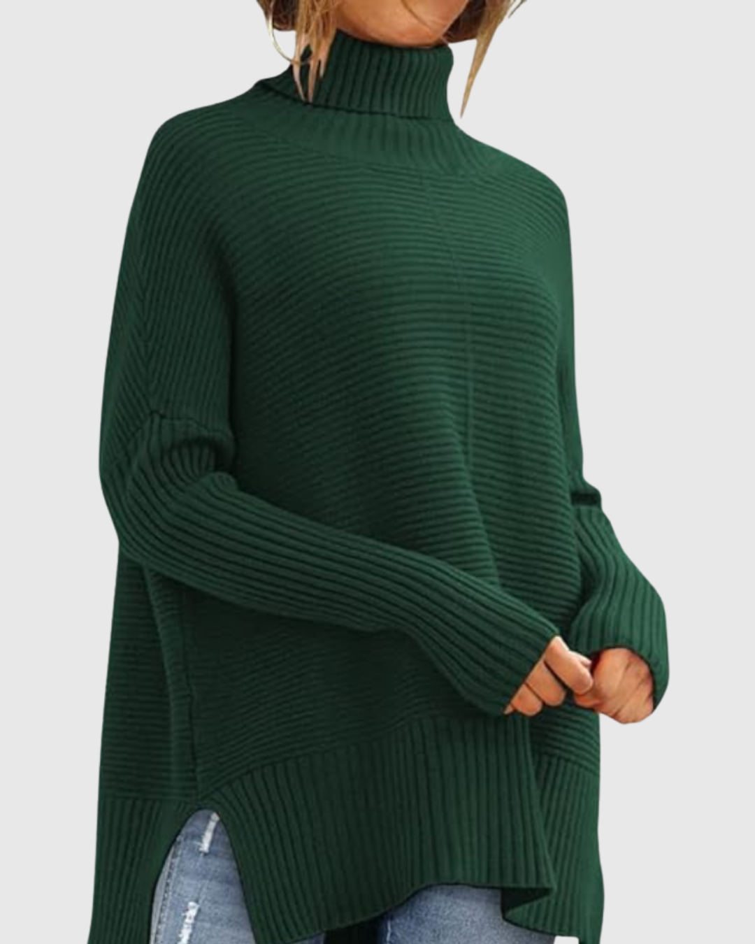 Aeronwen ribbed turtleneck knit jumper in green, front view