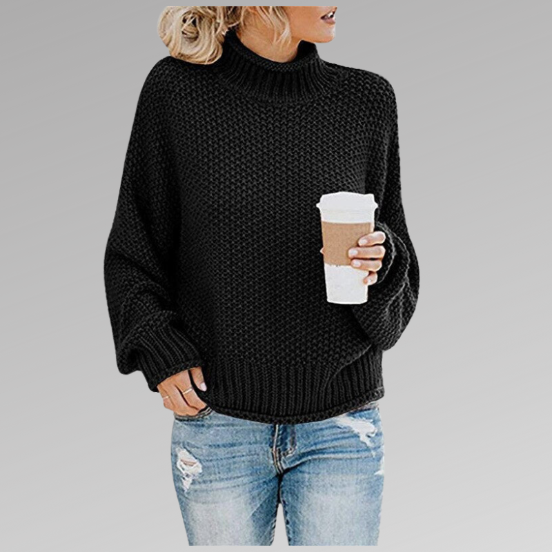 Averin chunky roll-neck sweater in black, front view