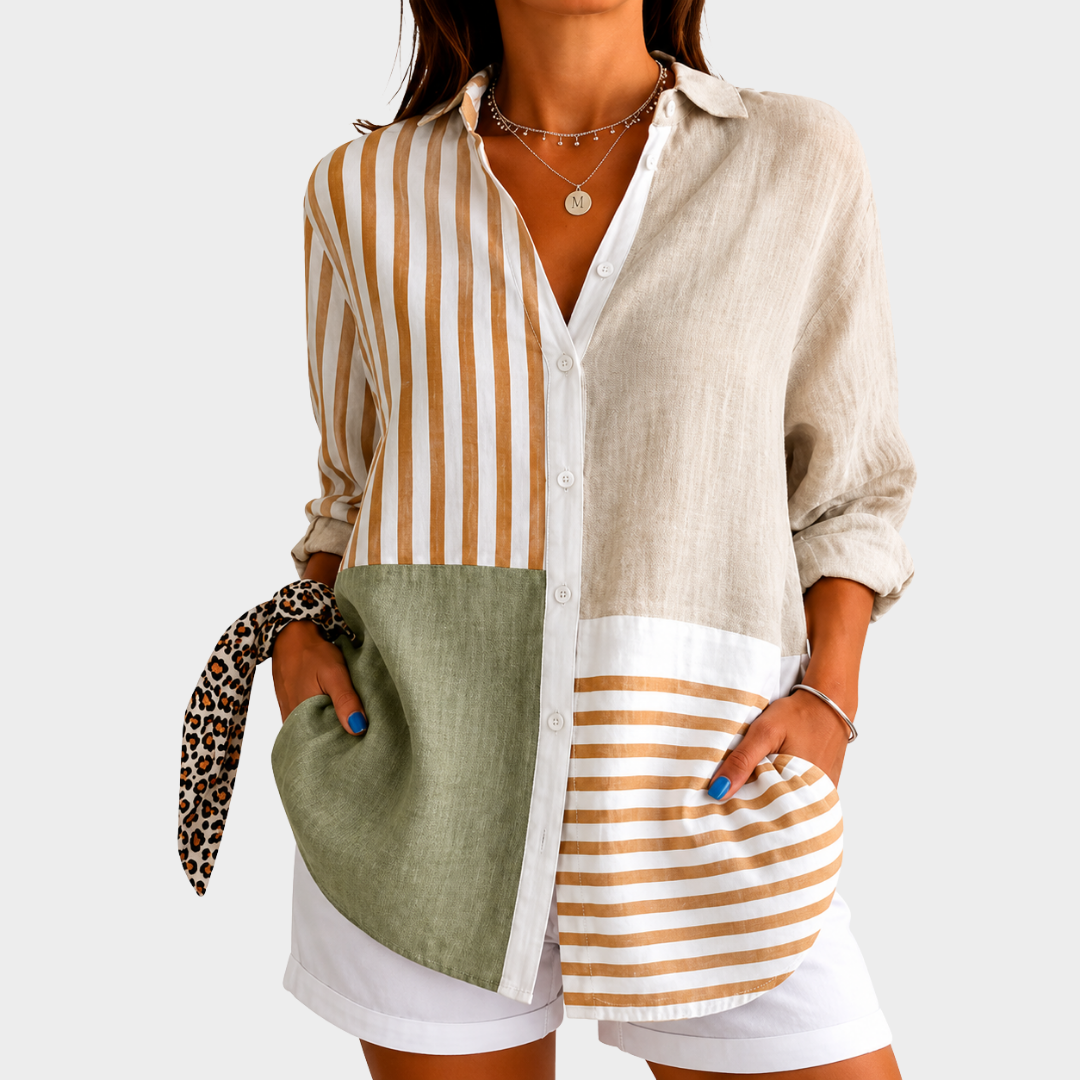 Coastal patchwork blouse in sand, caramel stripe and sage, front view with patch pockets