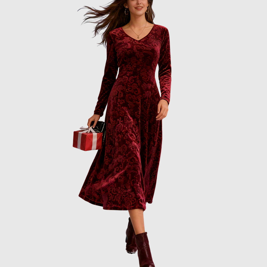 Grece velvet dress in red, full-length front view