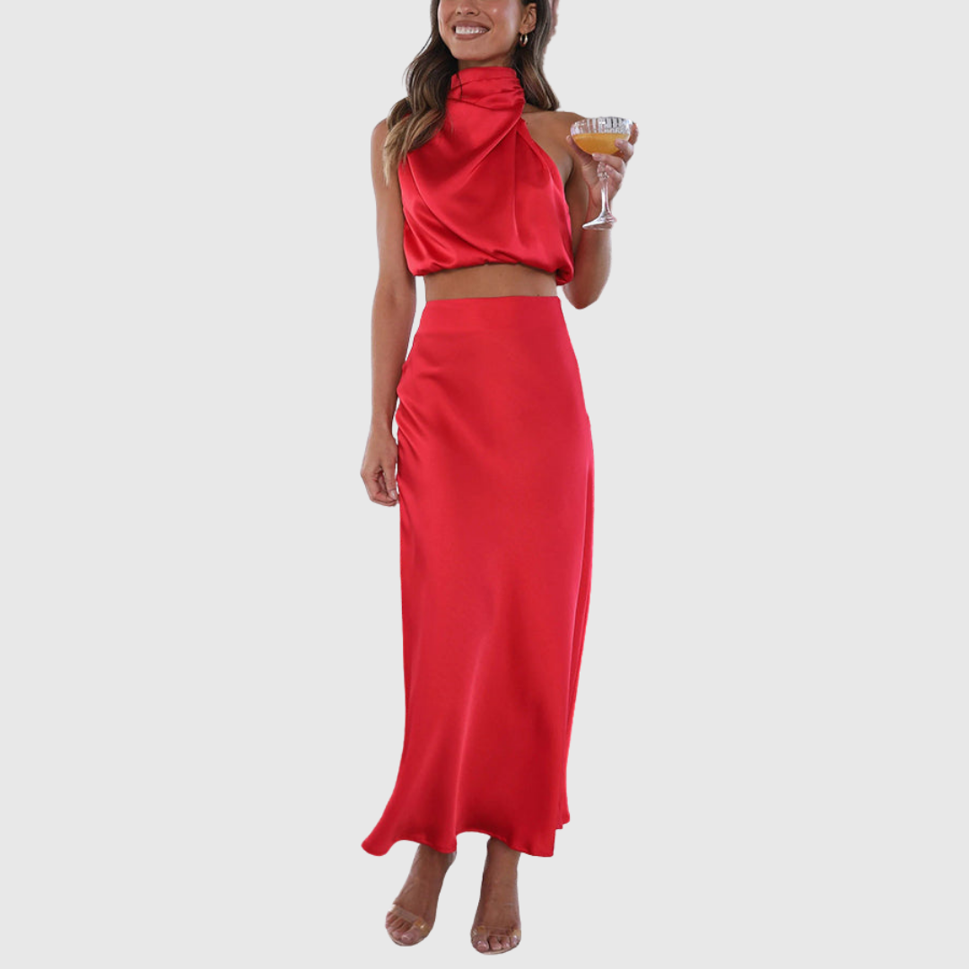 Emily red satin set worn at an evening celebration