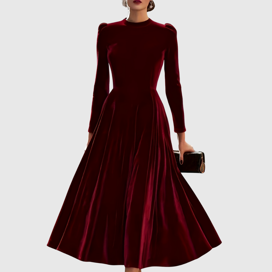 Soopie velvet dress in burgundy, full-length front view