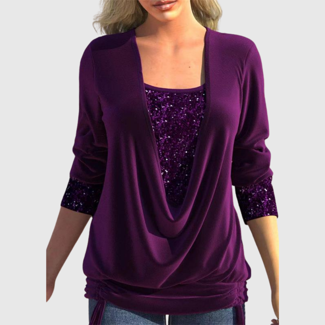 Odeline sequin layer blouse in purple, front view