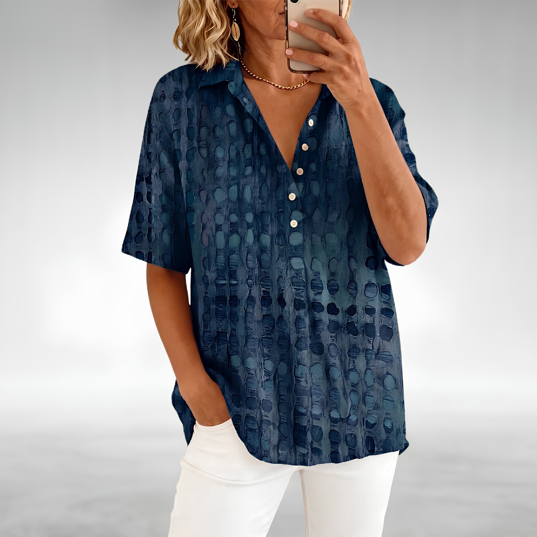 Melody relaxed comfort top in navy blue, front view
