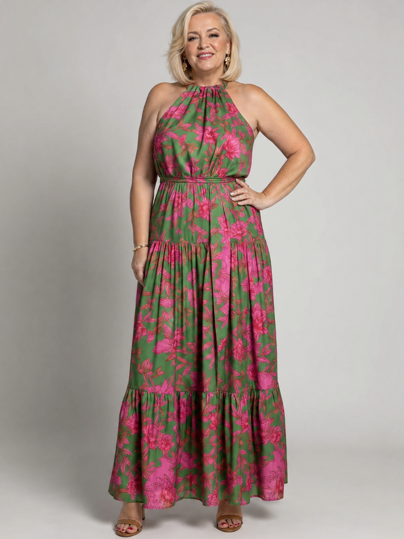Rowen green floral halter dress, full-length front view on studio background