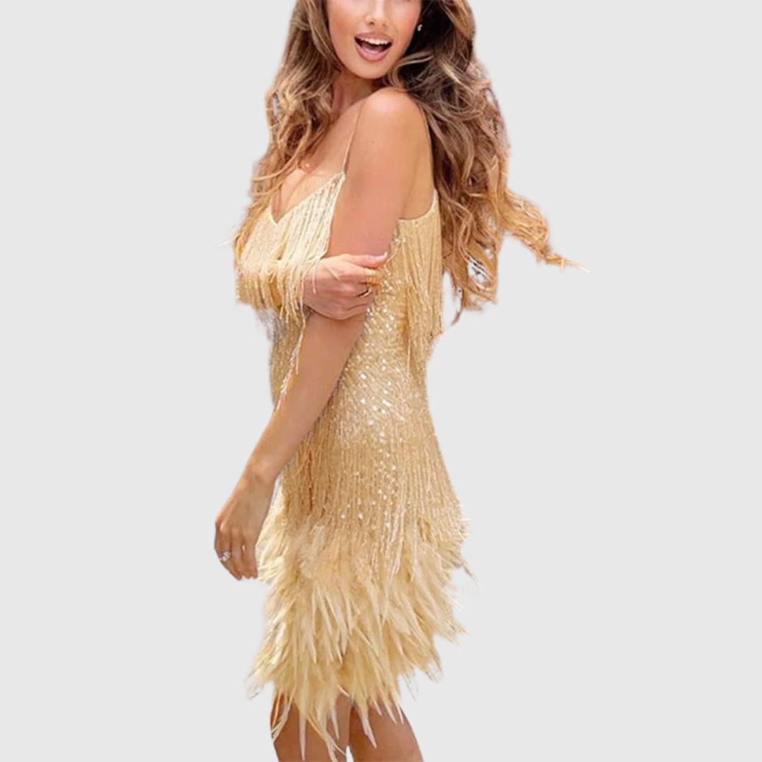 Isimay feather fringe cocktail dress in gold, side view