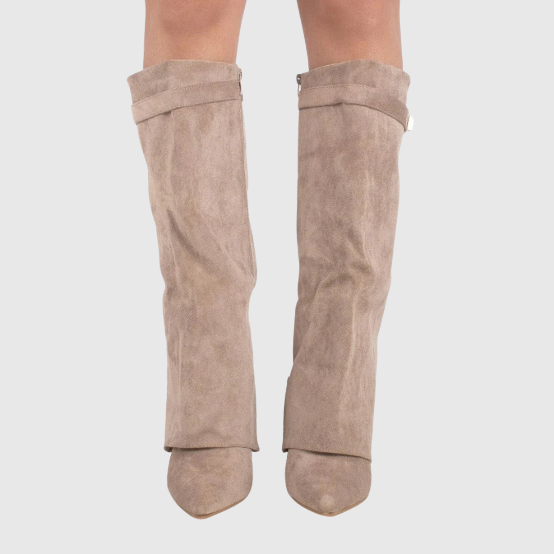 Lelene knee-high boots in beige suede, front view on model