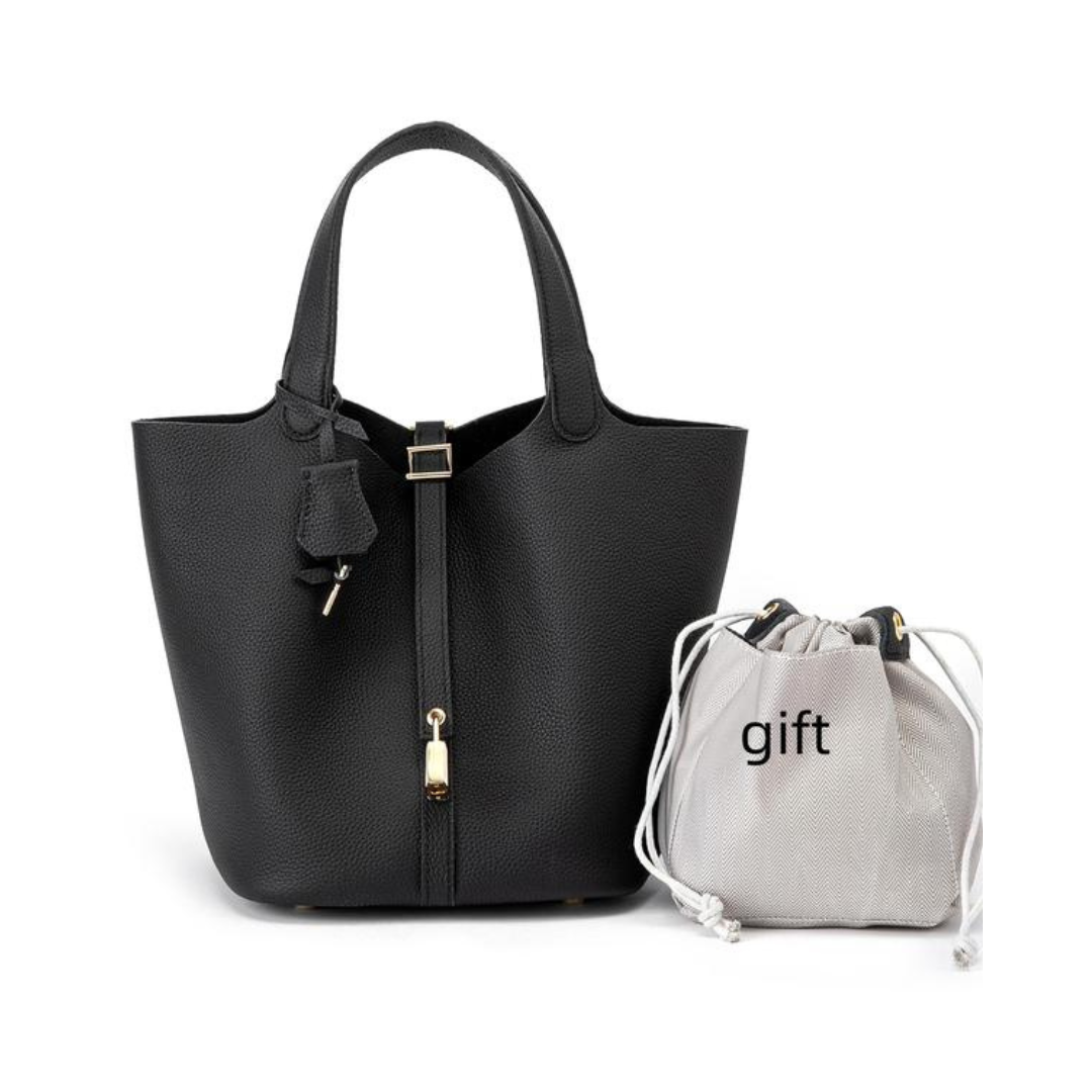 Kate lock bag in black with drawstring pouch, product view