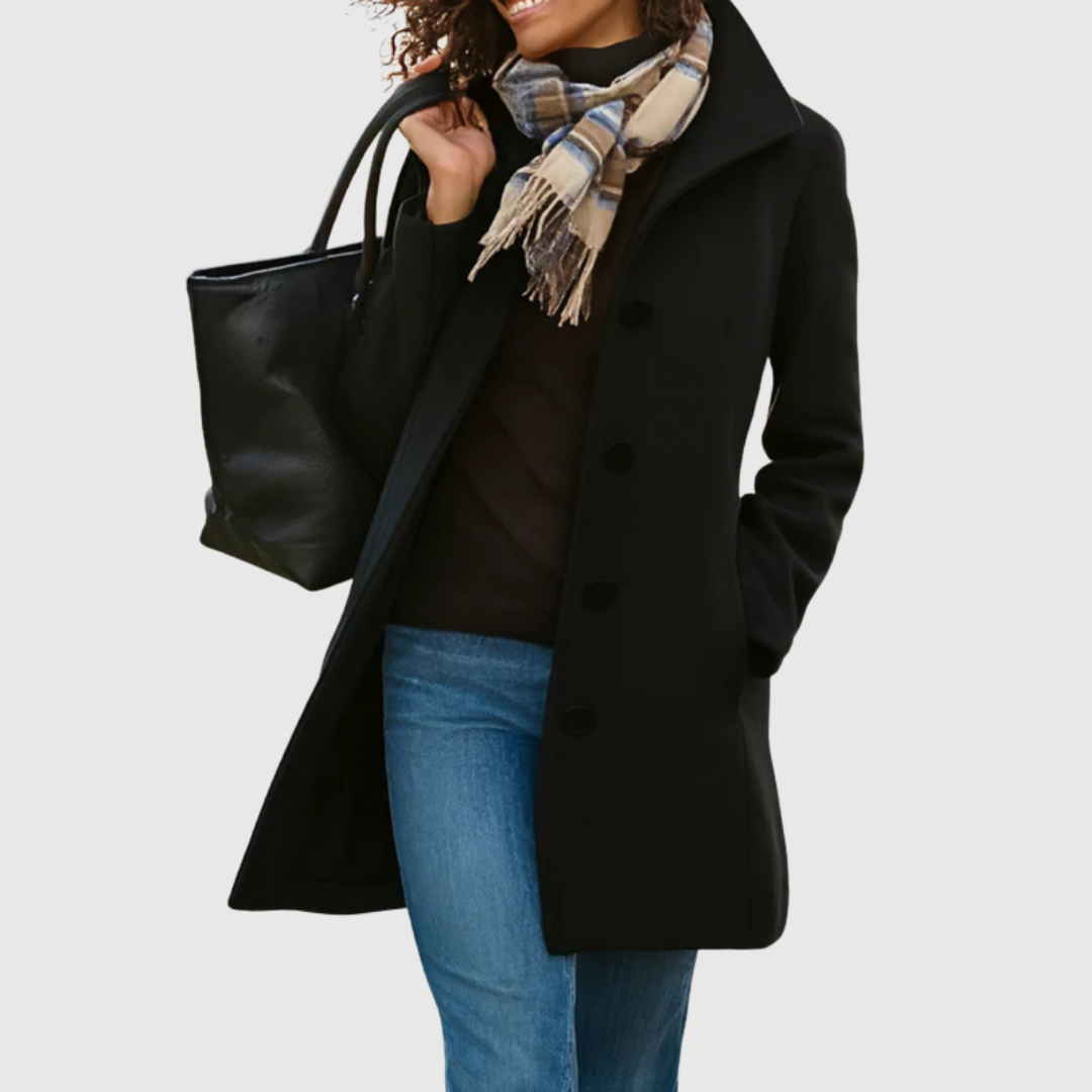 Connie classic coat in black, full-length front view with scarf