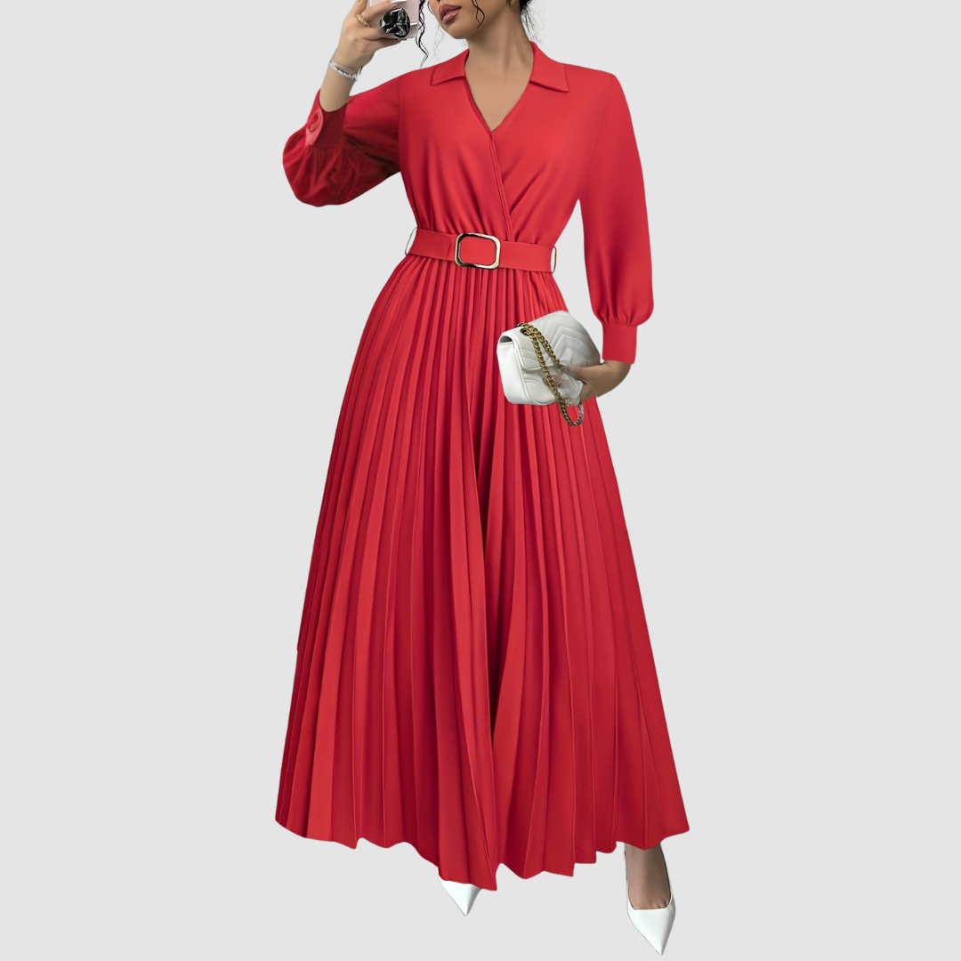 Margot Lane pleated maxi dress in red, full-length front view