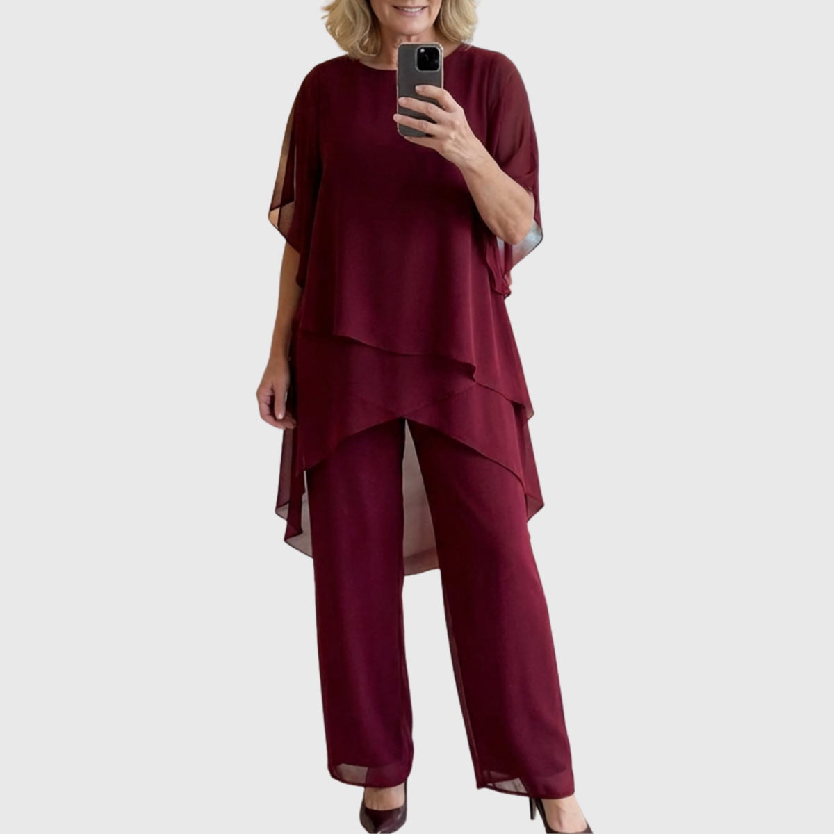 Elara palazzo set in red, layered top and wide-leg trousers