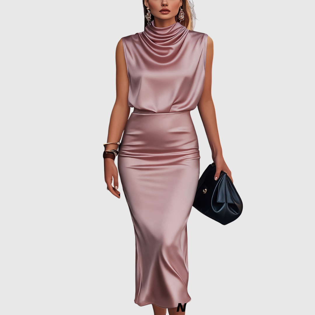 Edem satin top and skirt set in pink, full-length front view