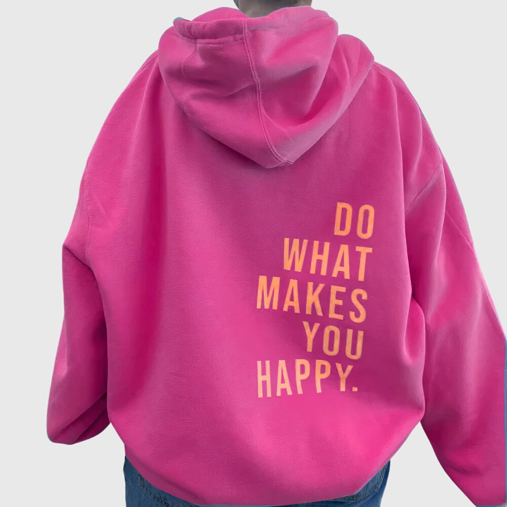Lucy oversized hoodie in dark pink with peach back print, rear view
