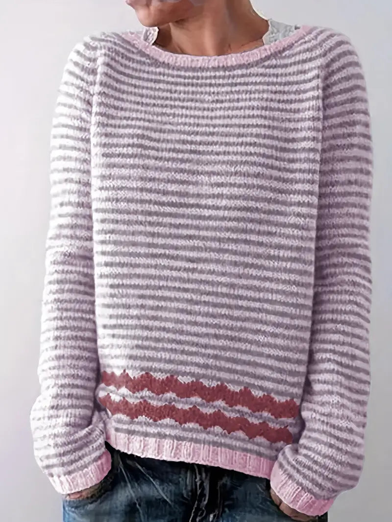 Kalyxe striped sweater in pink, front view with zigzag hem band