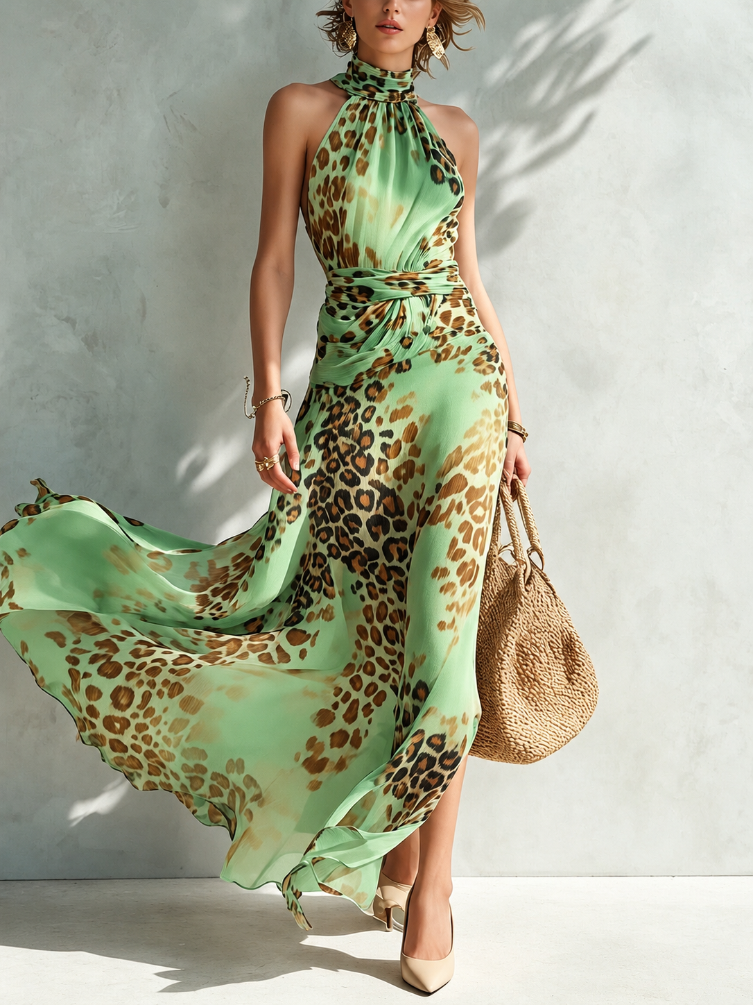 Daniela animal print maxi dress in green, full-length front view