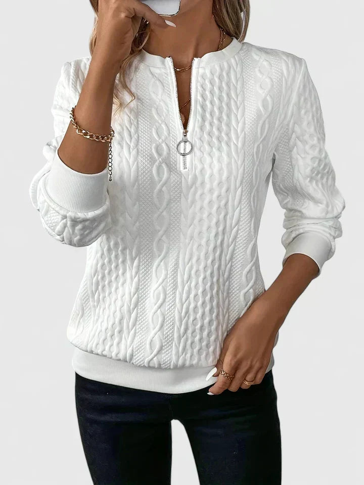 Ara zip-neck sweater in white, front view with ring-pull zip