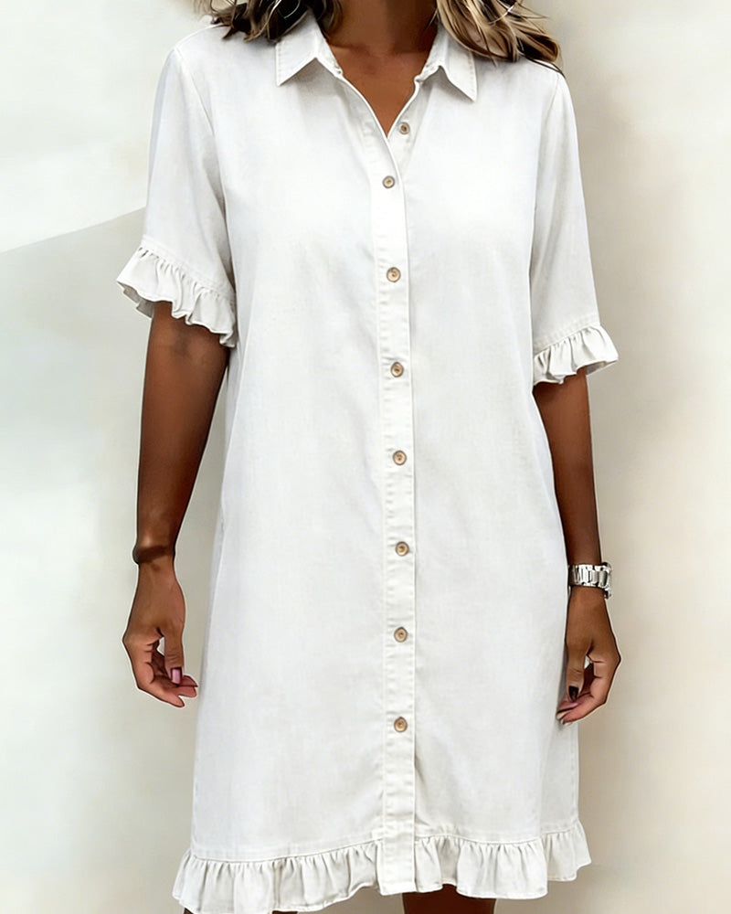 Maria denim shirt dress in white, front view with ruffled hem