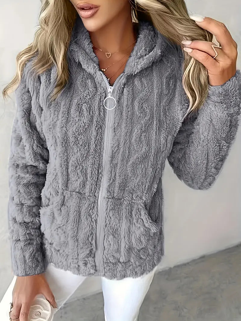 Ruth classic zip-up hoodie in grey, front view on model