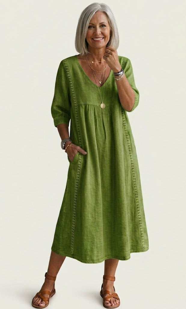 Juliette lace-trim A-line midi dress in olive, full-length front view
