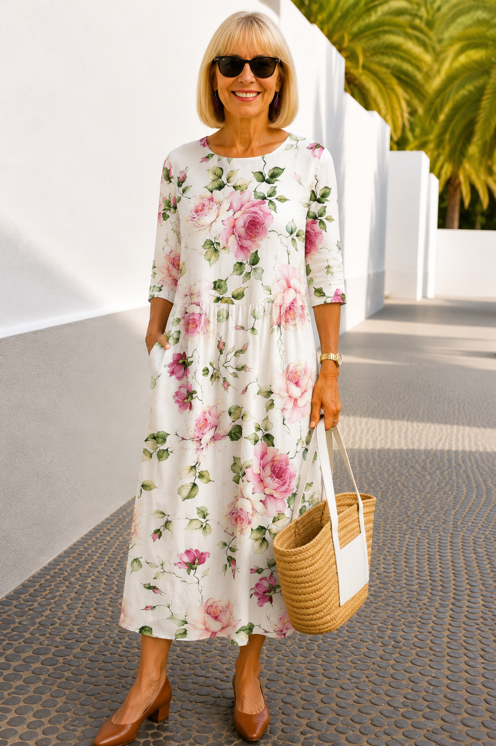 Kira floral midi dress in white with pink roses, full-length front view