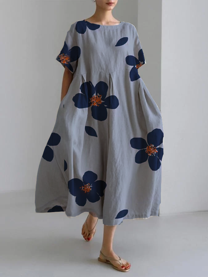 Maud floral summer dress in grey with navy blooms, full-length front view