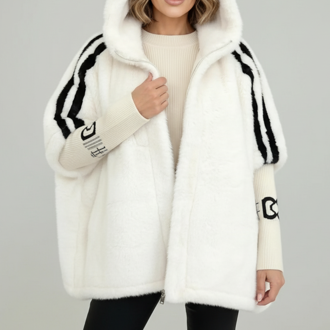 Brinley hooded teddy jacket in white with black stripes, front view