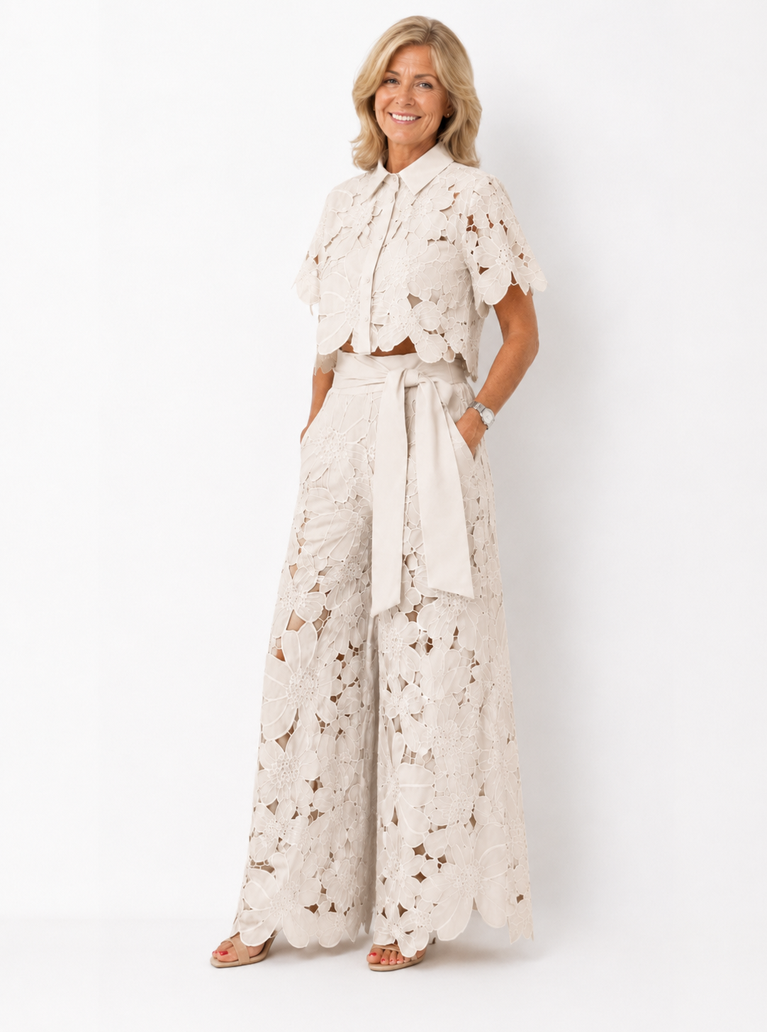 Isabela two-piece lace set in cream beige, full-length front view