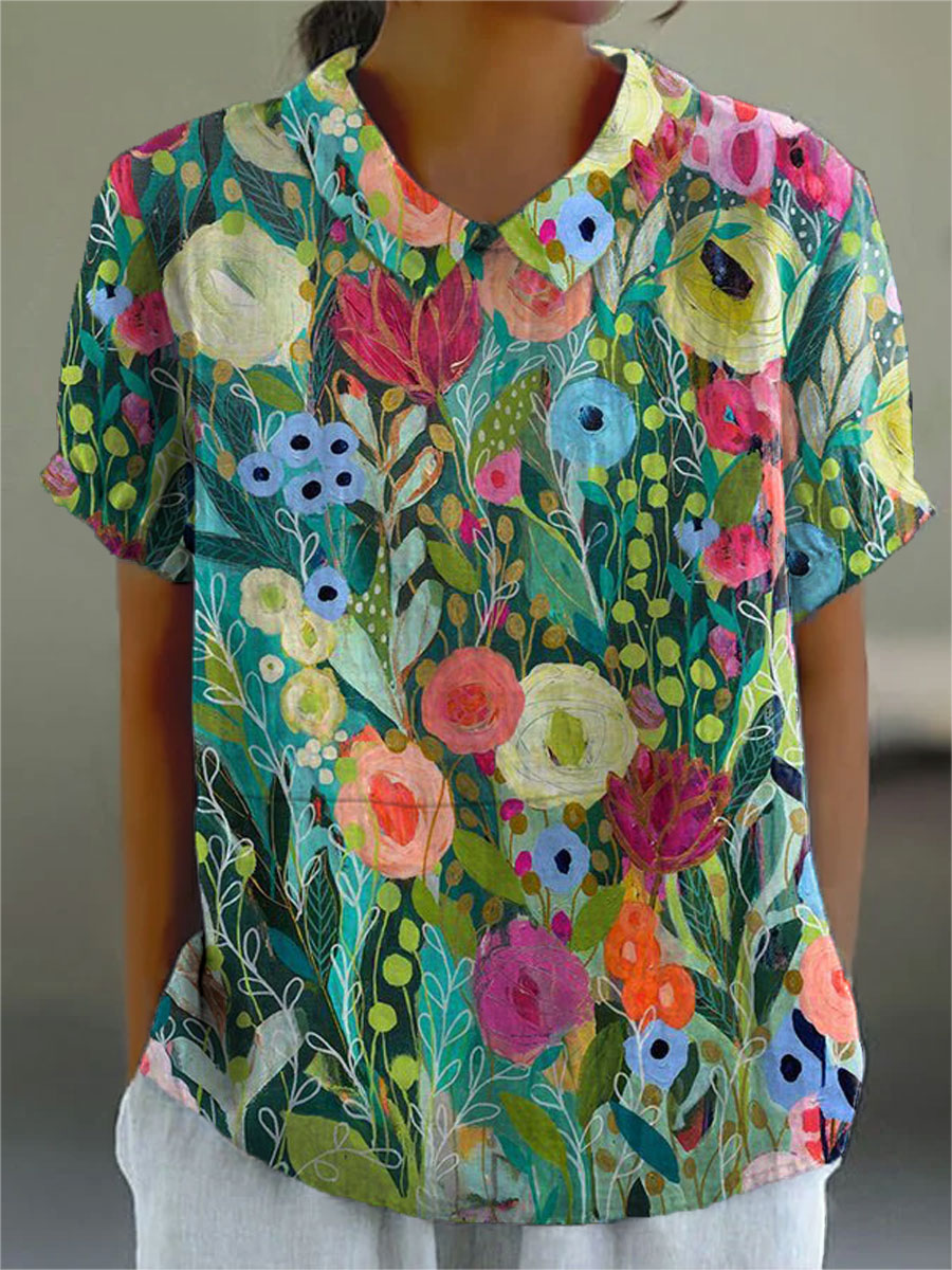 Daisy watercolour floral blouse in multicolour, front view with collared V neckline