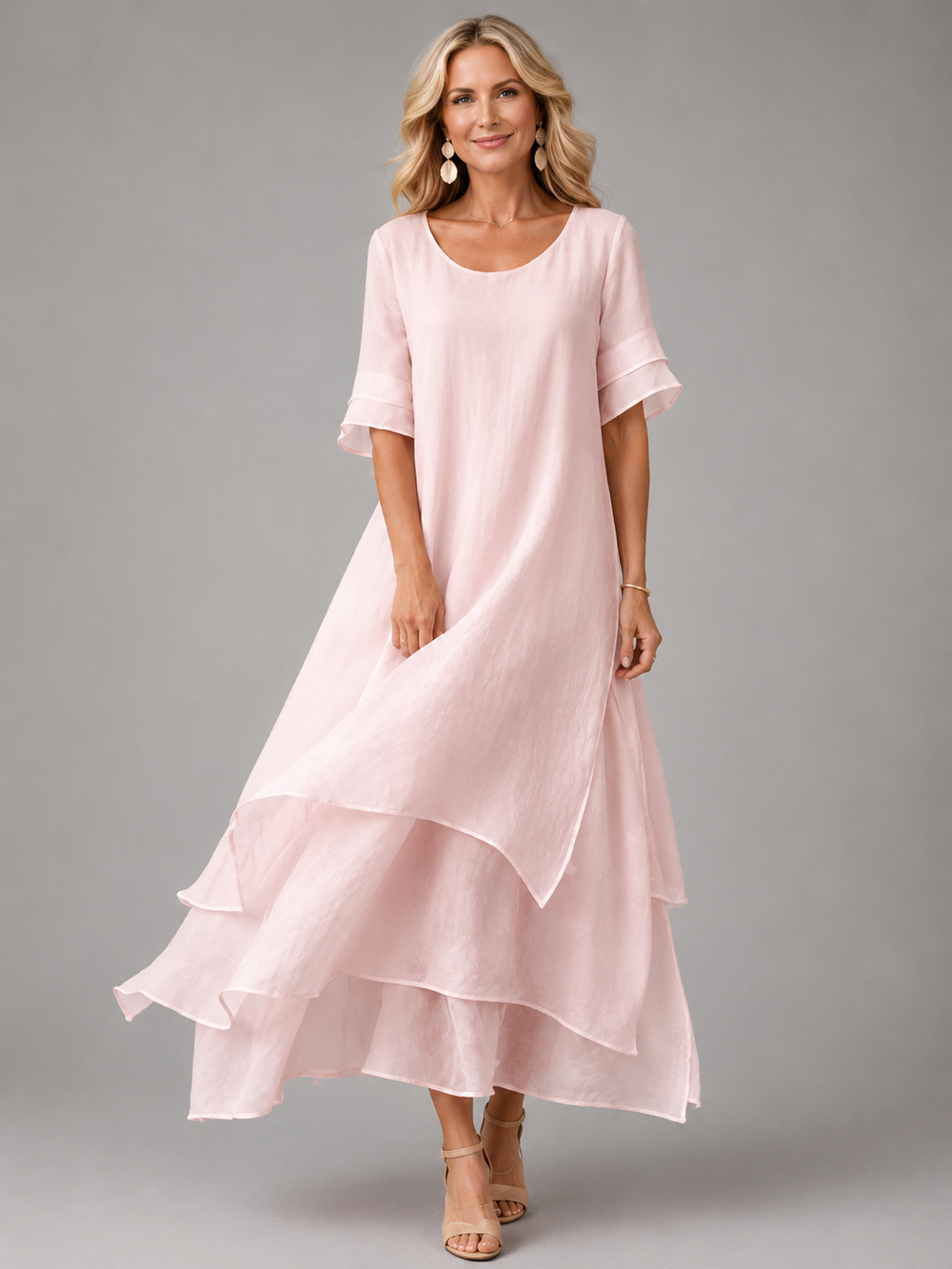 Bryony layered maxi dress in pink, full-length front view with handkerchief hem