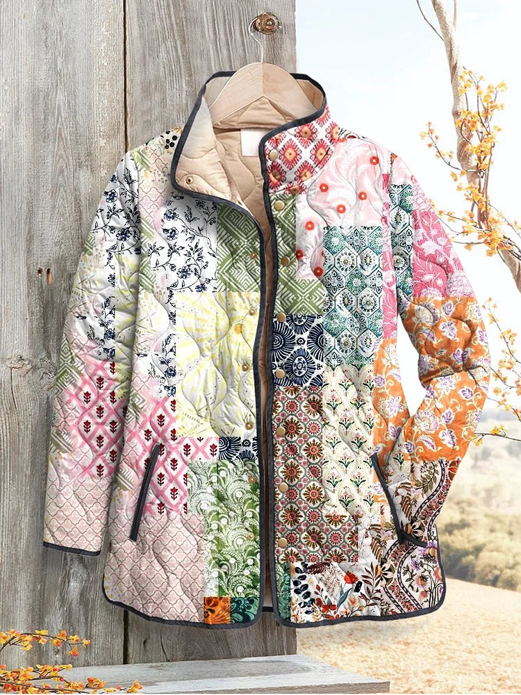 Gwendolyn quilted jacket in multicolour patchwork print, front view