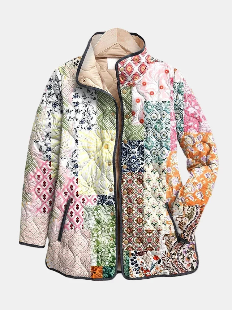Suri quilted floral print jacket in multicolour patchwork, front view with stand collar