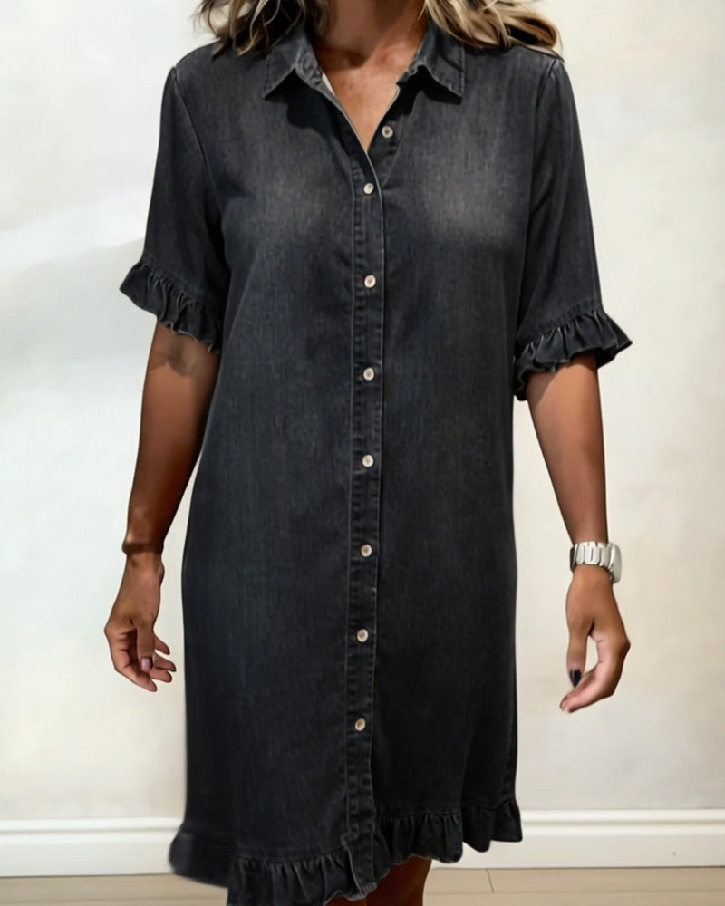 Maria denim shirt dress in black, close front view of buttons