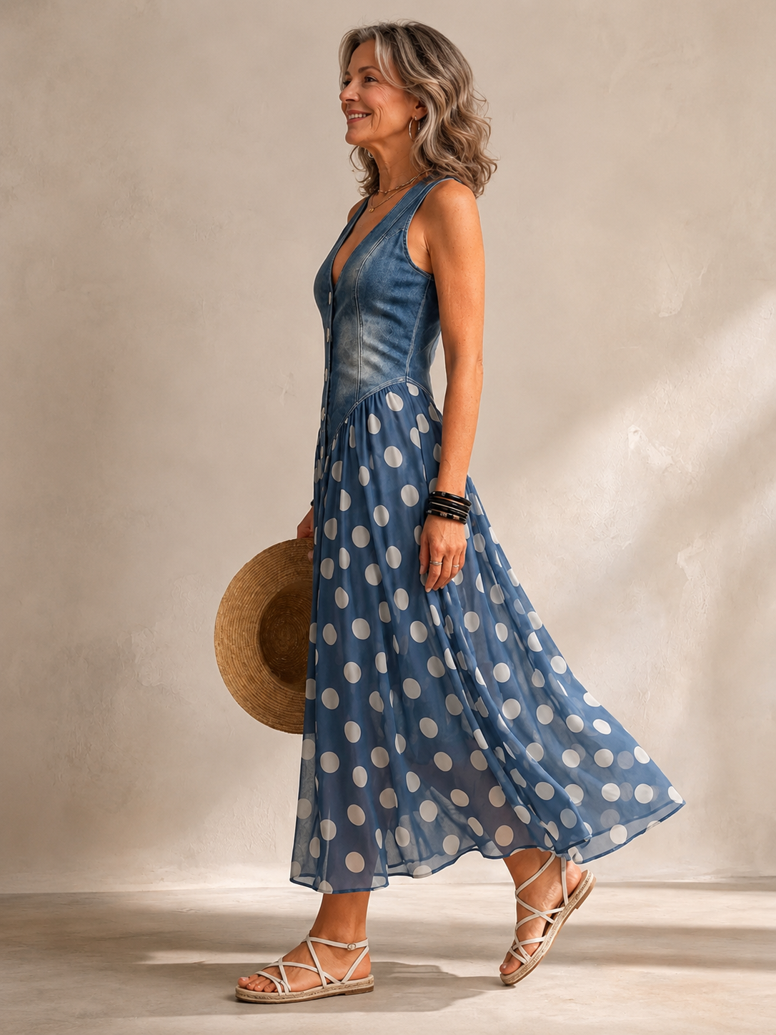 Adeline polka dot denim dress in blue, side view showing flowing maxi skirt