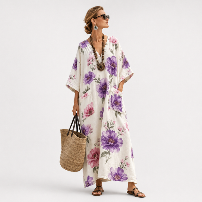 Long kaftan in cream with purple and pink watercolour floral print, full-length front view