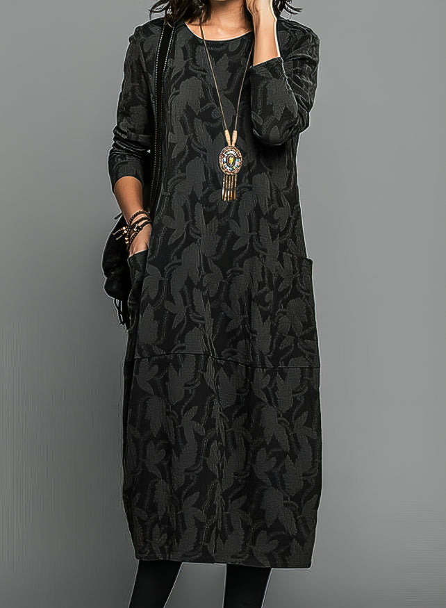 Tivora textured floral midi dress in black, full-length front view