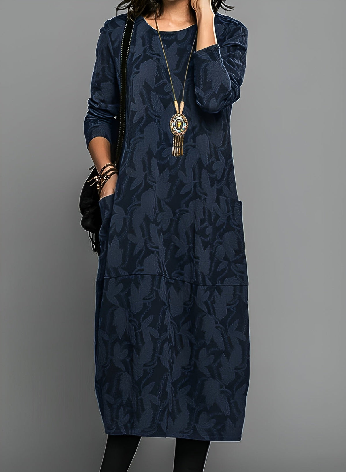 Edith textured midi dress in navy blue, full-length front view