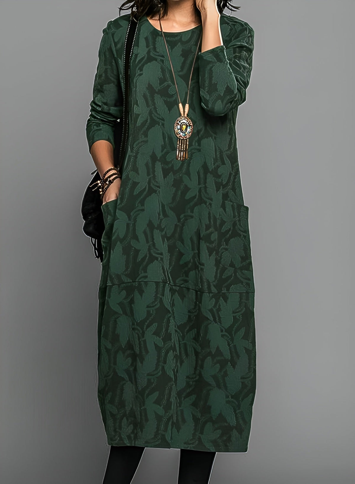 Edith textured midi dress in green, full-length front view with pockets