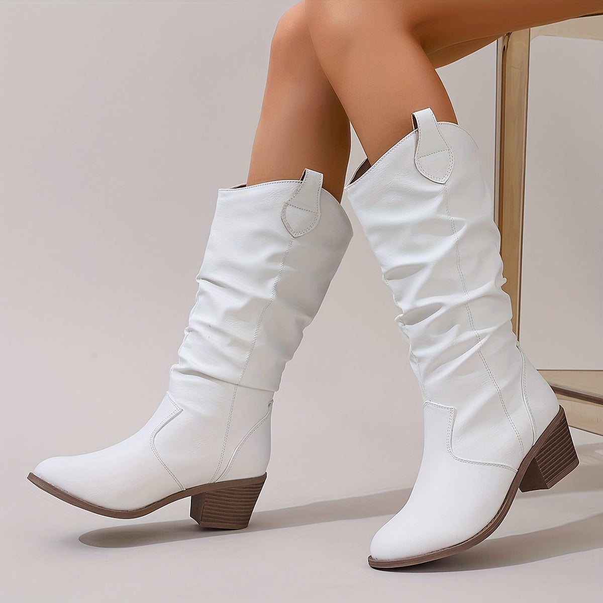 Hattie Western boots in white, full side view with block heel