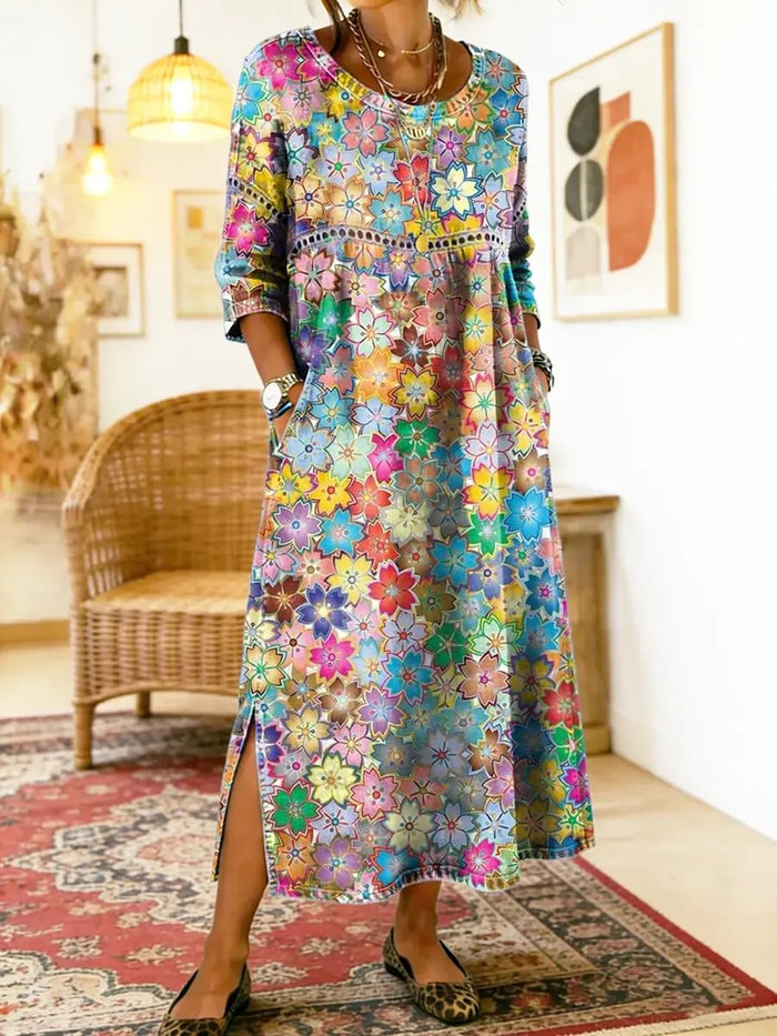Isabel colourful printed dress in multicoloured floral, full-length front view