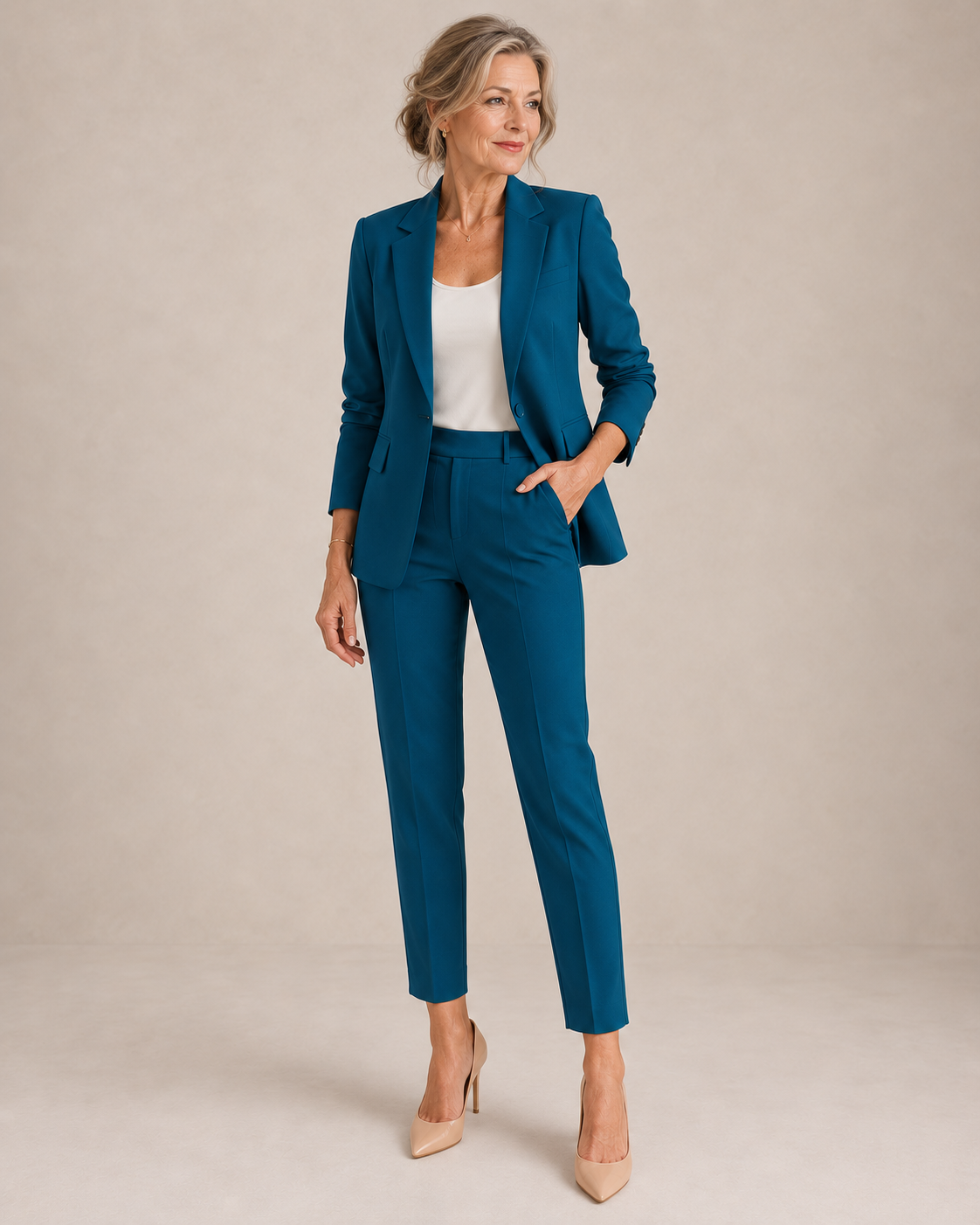 Phyllis tailored straight-leg trouser suit in petrol blue, full-length front view