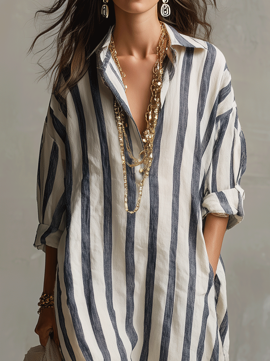 Casual Striped Shirt Bohemian Style Maxi Dress